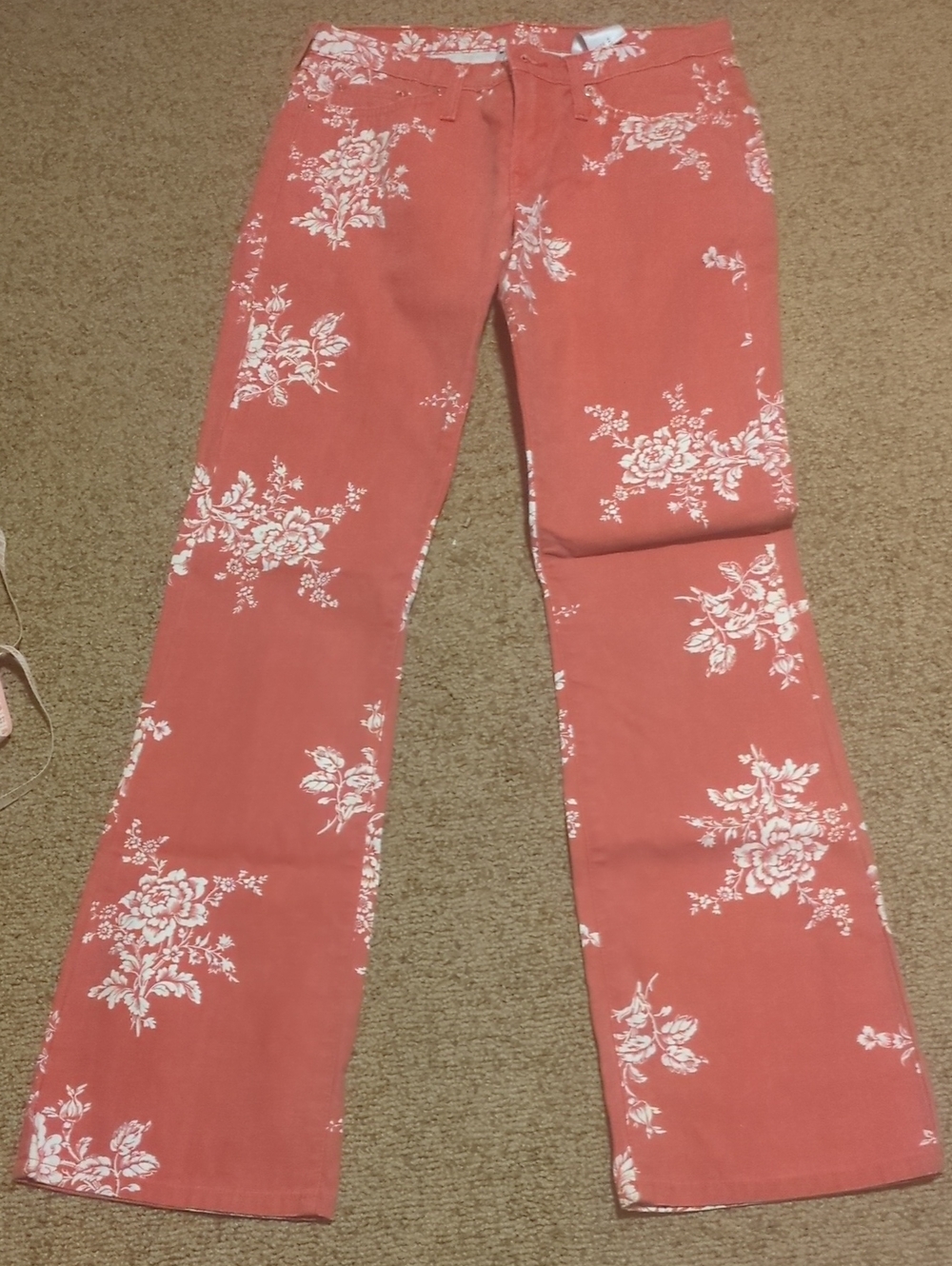 Lucky Brand Coral Boot-Cut Pants with White Floral Print